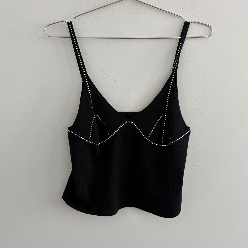 Express World Brand Stretch Black Silk Blend Rhinestone Cami Top Large